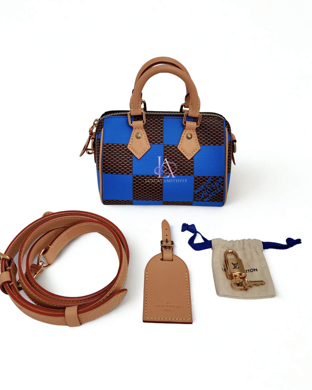 LV Speedy Bandouliere 18 Checkered Monogram Blue Canvas