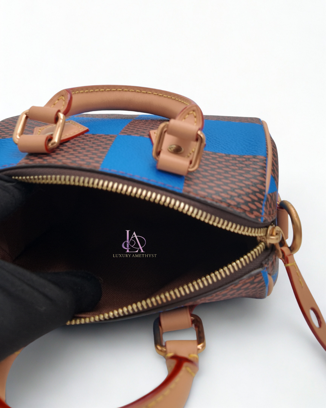 LV Speedy Bandouliere 18 Checkered Monogram Blue Canvas