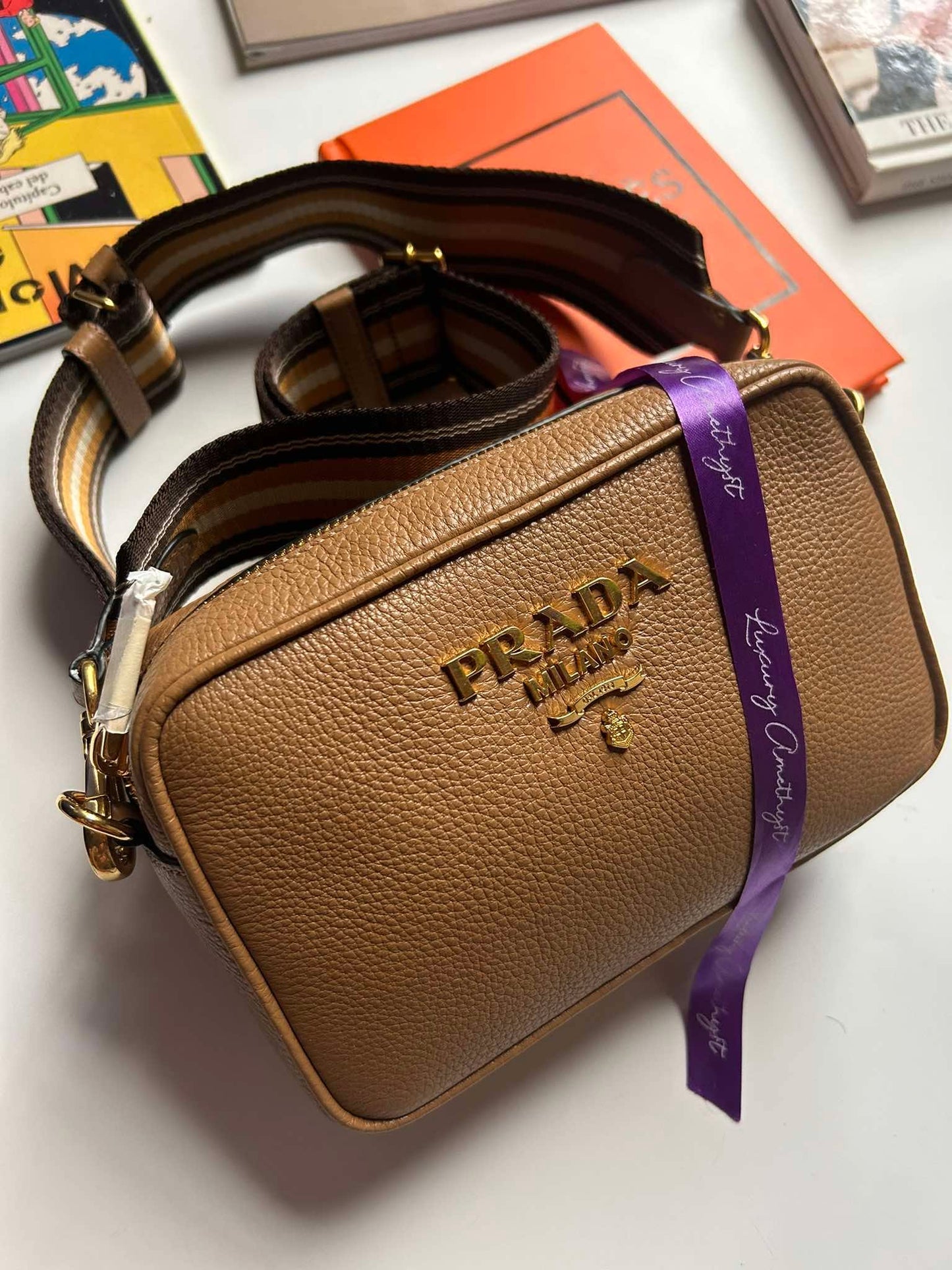 Prada camera bag mini caramel 158D crossbody guitar strap Brandnew