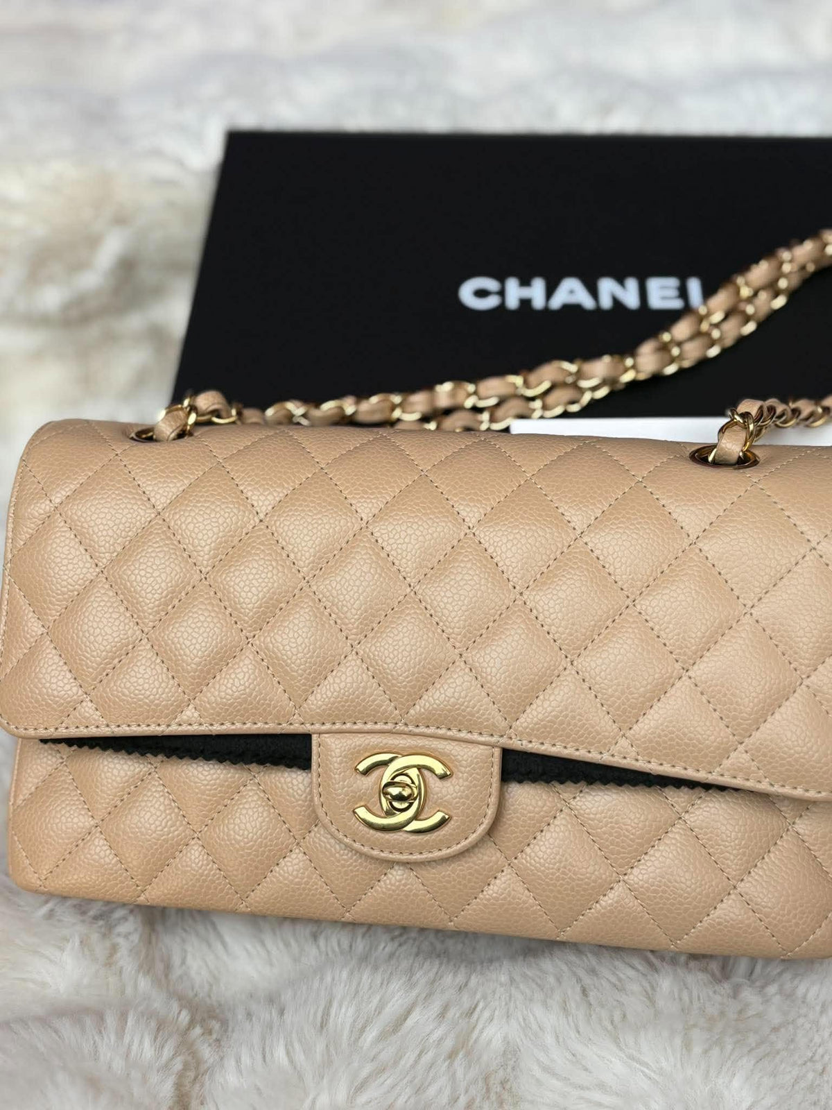 Chanel Medium DF In Beige Claire Caviar Leather GHW Microchip