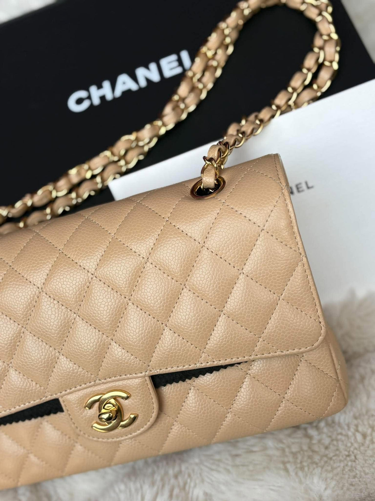 Chanel Medium DF In Beige Claire Caviar Leather GHW Microchip