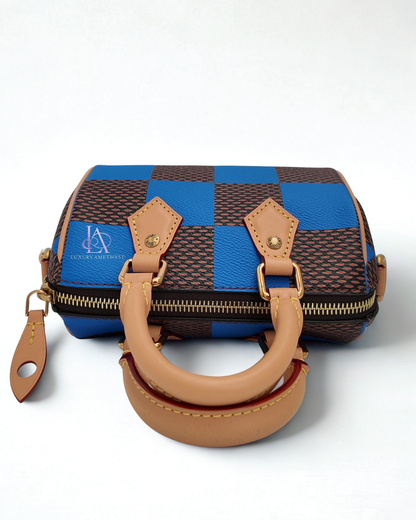 LV Speedy Bandouliere 18 Checkered Monogram Blue Canvas