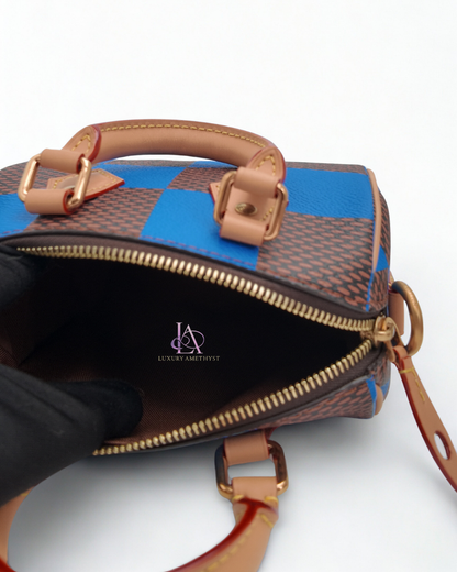 LV Speedy Bandouliere 18 Checkered Monogram Blue Canvas